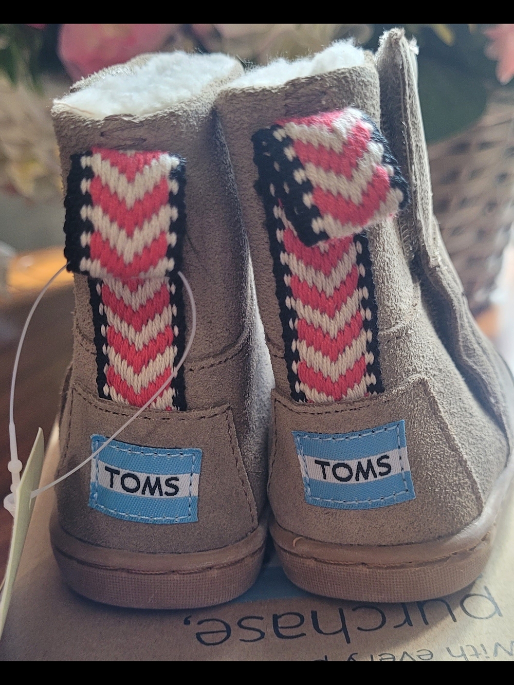 TOMS Kids Tiny Toddler Nepal Boots in Sand Suede with Red & Cream Knit Detail